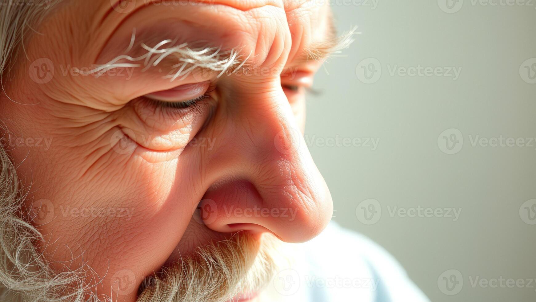 Close-up of an Elderly Man's Face with Wrinkles and Gray Hair photo