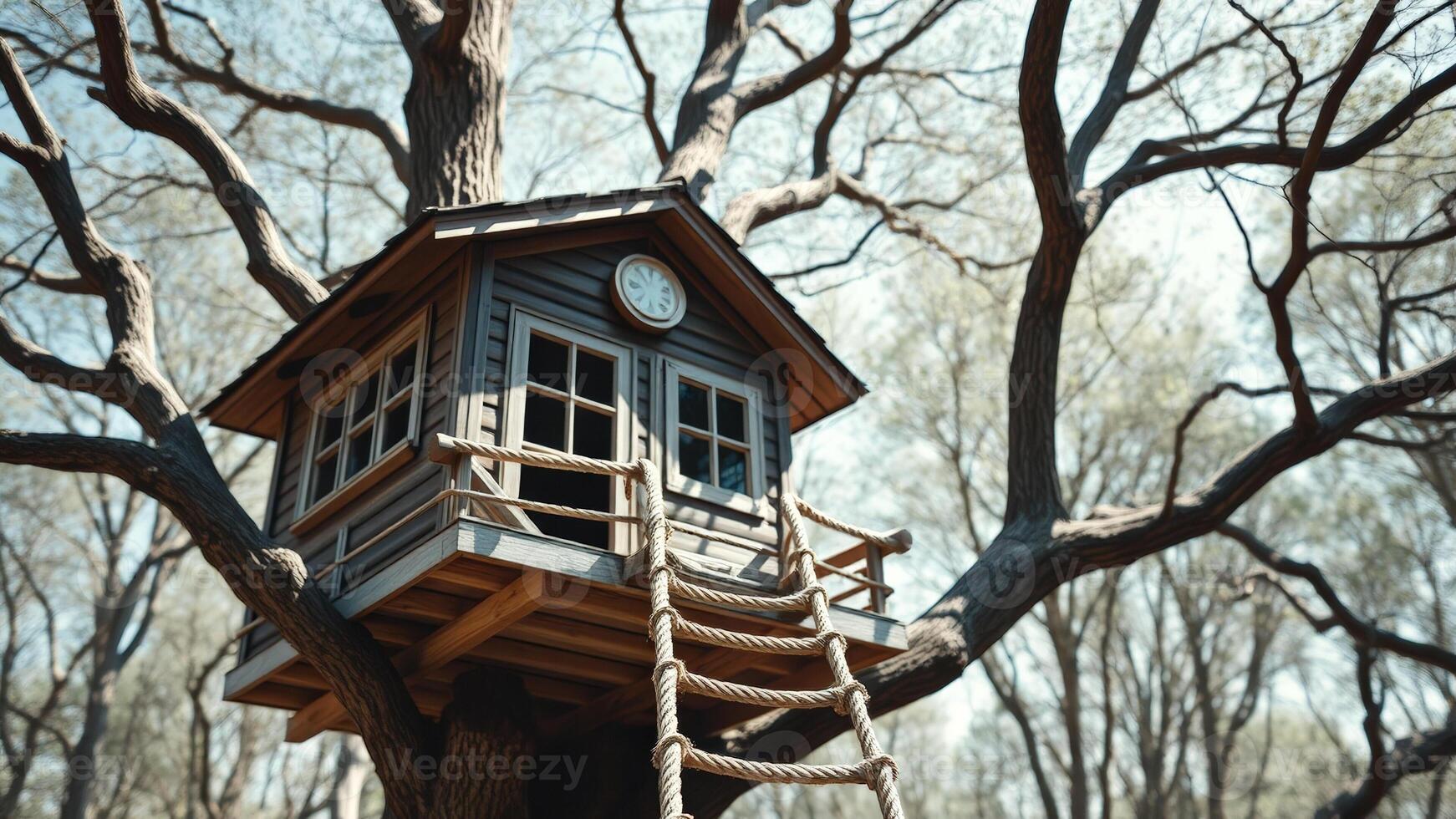 Rustic Treehouse with Rope Ladder in Forest Setting photo