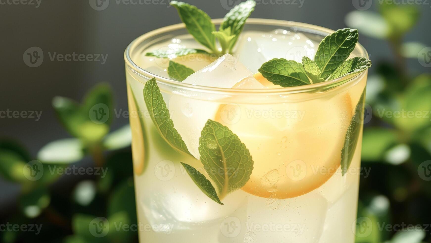 Close-up of a Refreshing Lemonade with Mint Leaves and Ice Cubes photo