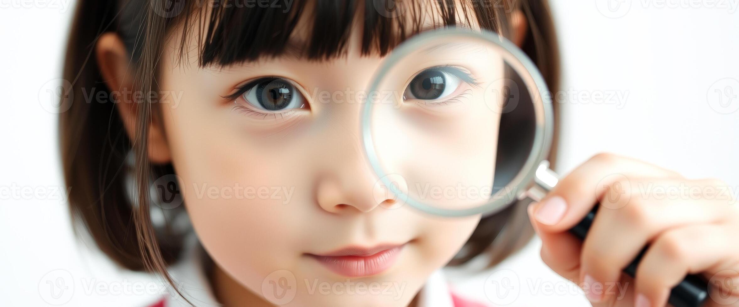 Young girl looking through magnifying glass photo