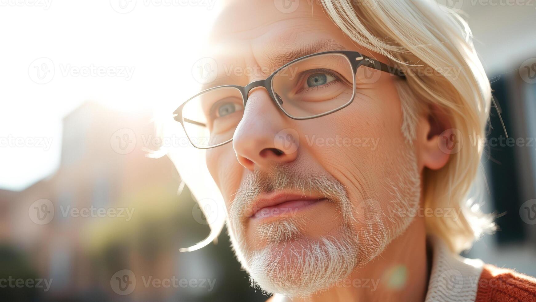 Close Up Portrait of a Man with Glasses Looking Up at the Sun photo