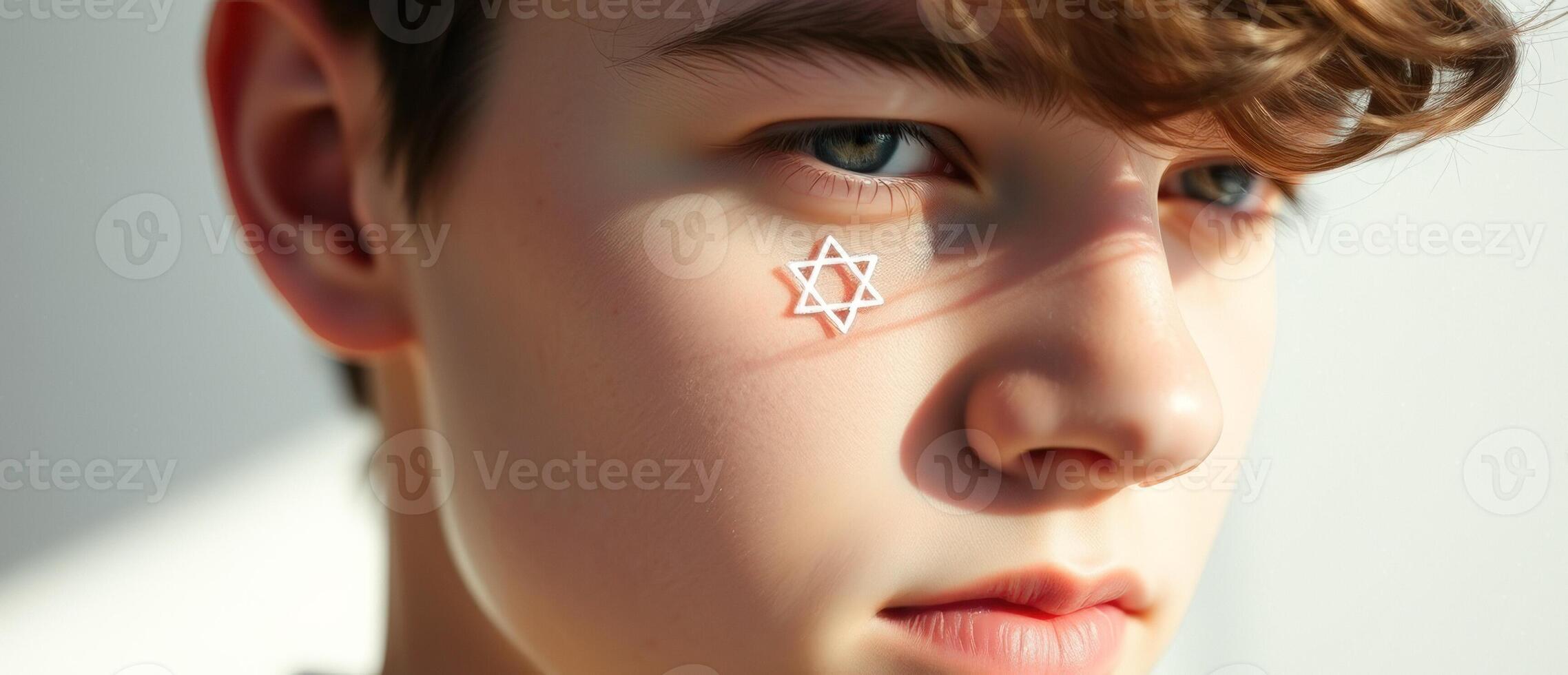 Close-up of a young man's face with a Star of David on his cheek photo