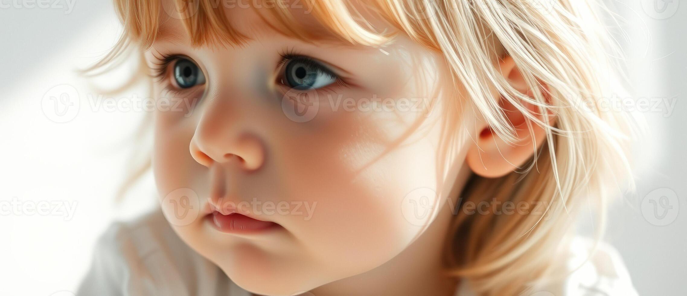 Close-up portrait of a young child with blond hair and blue eyes, looking thoughtfully to the side photo