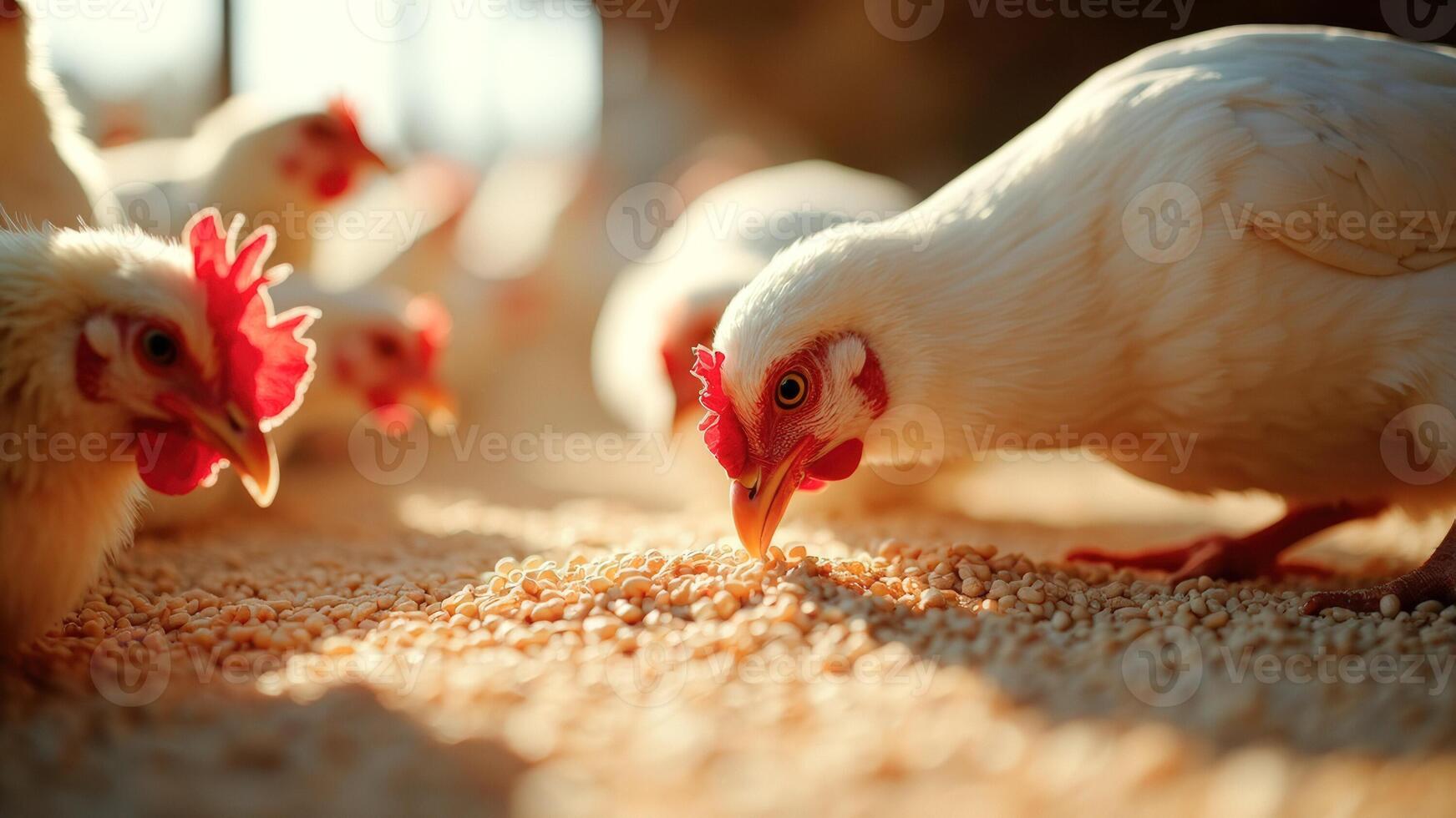 Closeup of a chicken pecking at feed photo