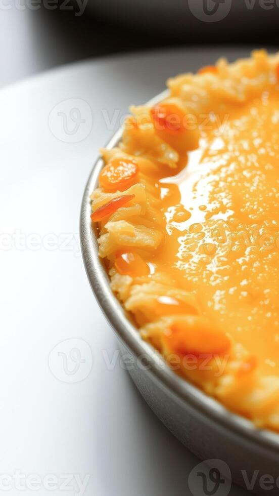 A pie with orange sauce on top of a plate photo