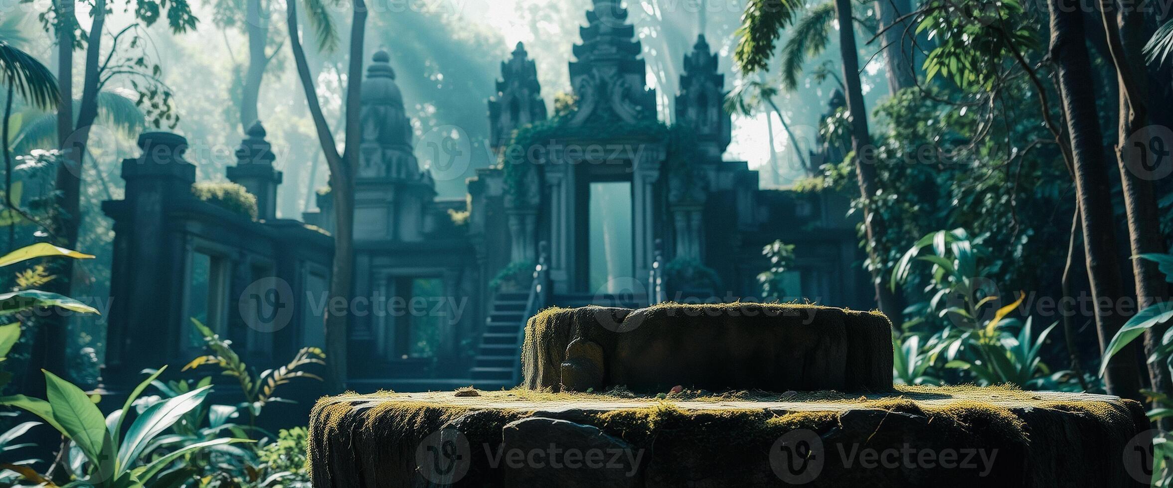Moss-Covered Stone in Front of Ancient Temple photo