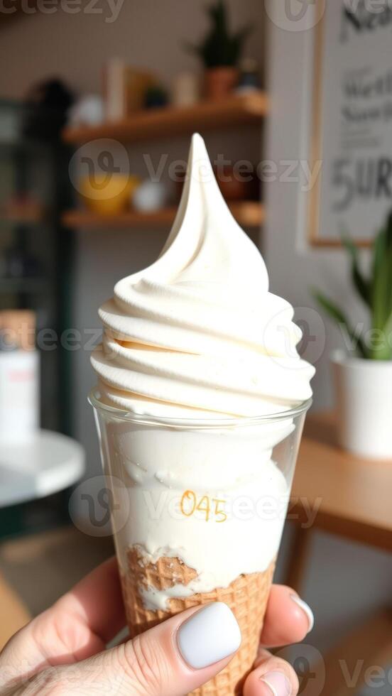 Closeup of a Soft Serve Ice Cream Cone photo