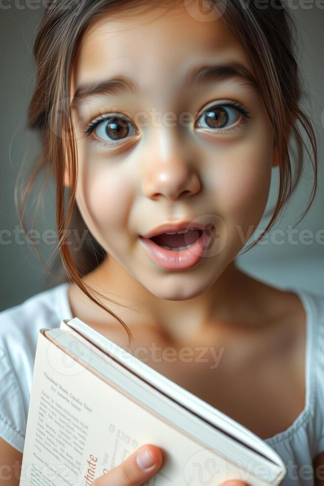 Little Girl Reading a Book with a Surprised Expression photo
