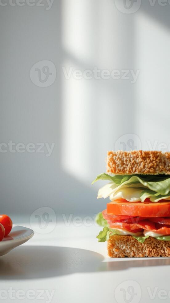 Closeup of a Sandwich with Tomato and Lettuce on a White Background photo