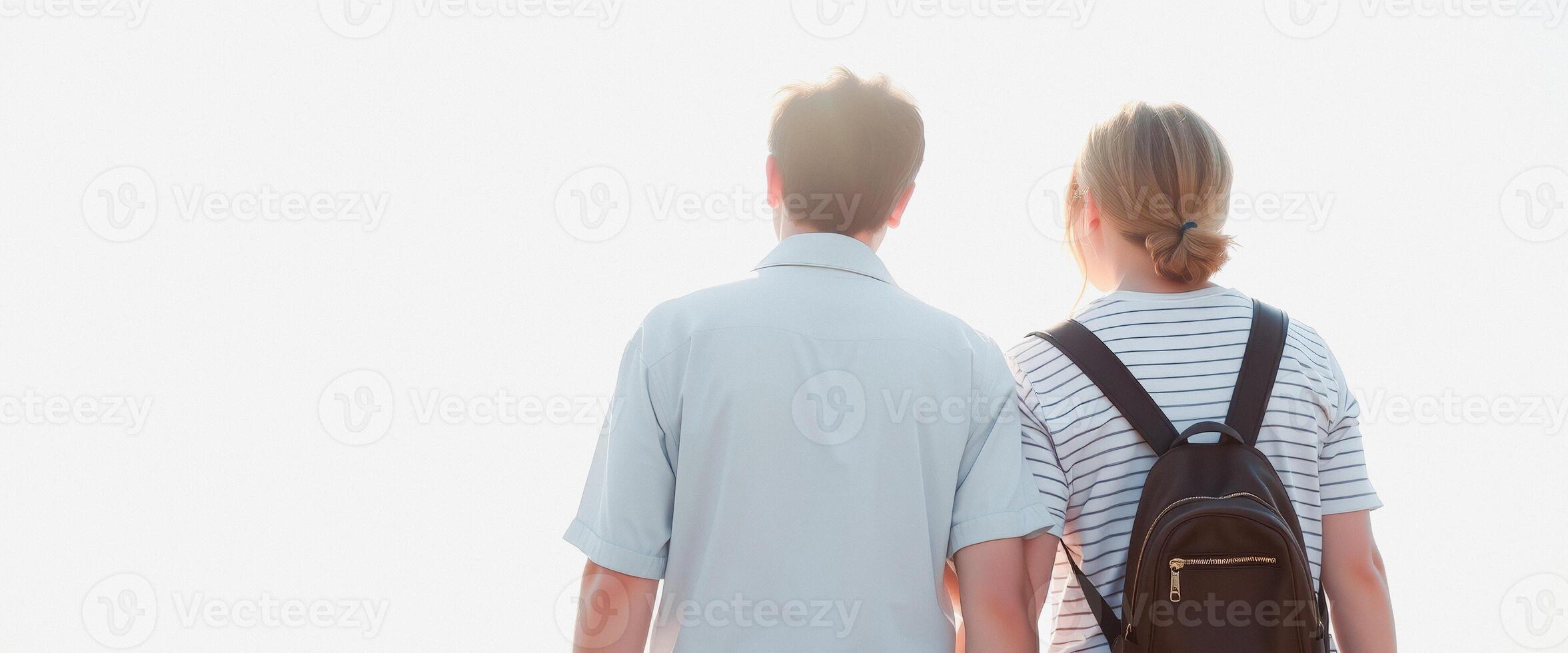Young couple gazing at the horizon, white background photo