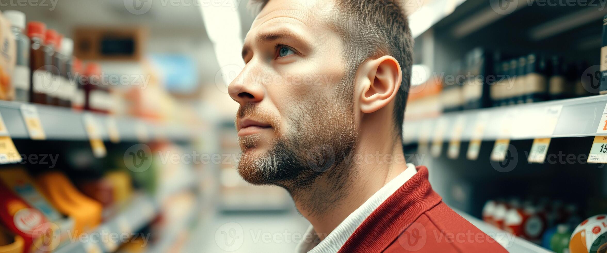 Man looking at shelves in a grocery store photo