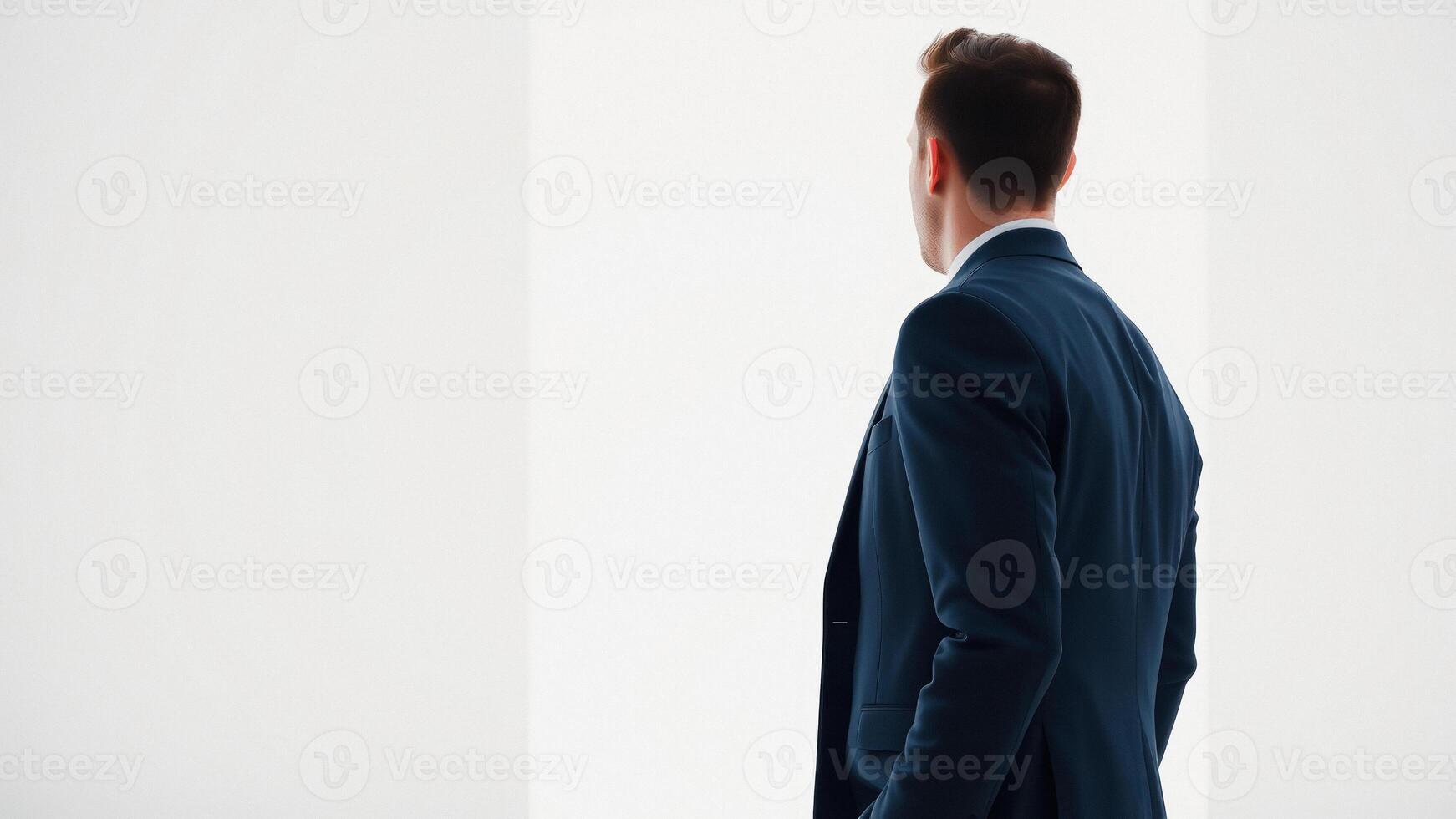 Businessman standing with his back turned, looking out of a window photo