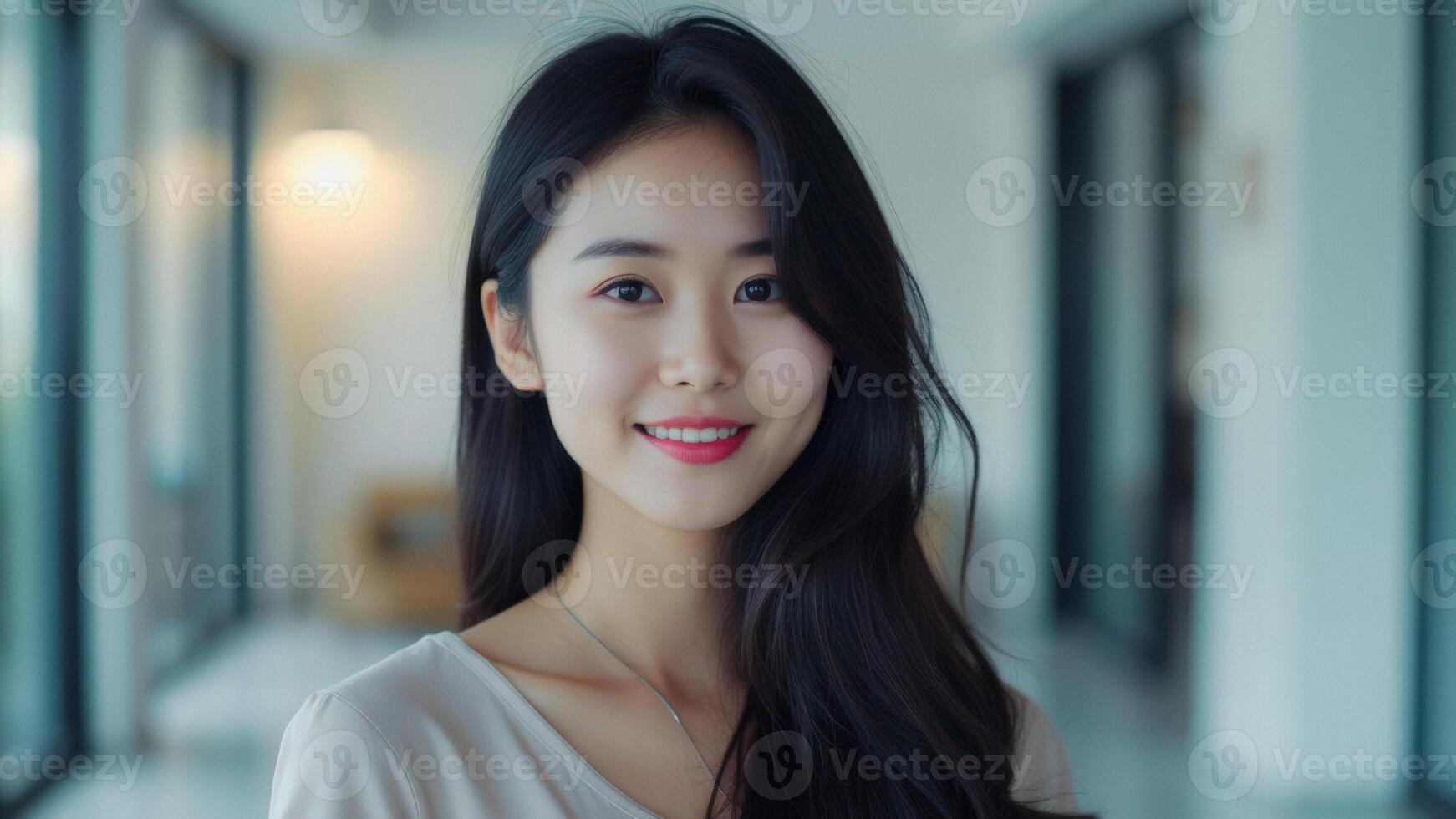 Portrait of a smiling young woman with long black hair photo