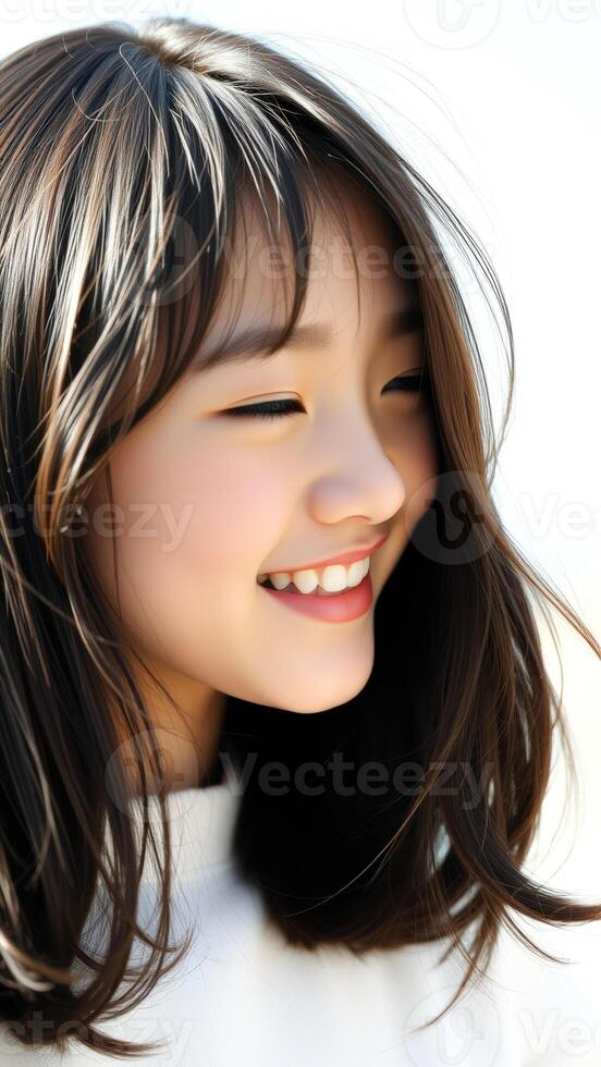 Close-up of a smiling young woman with long brown hair photo