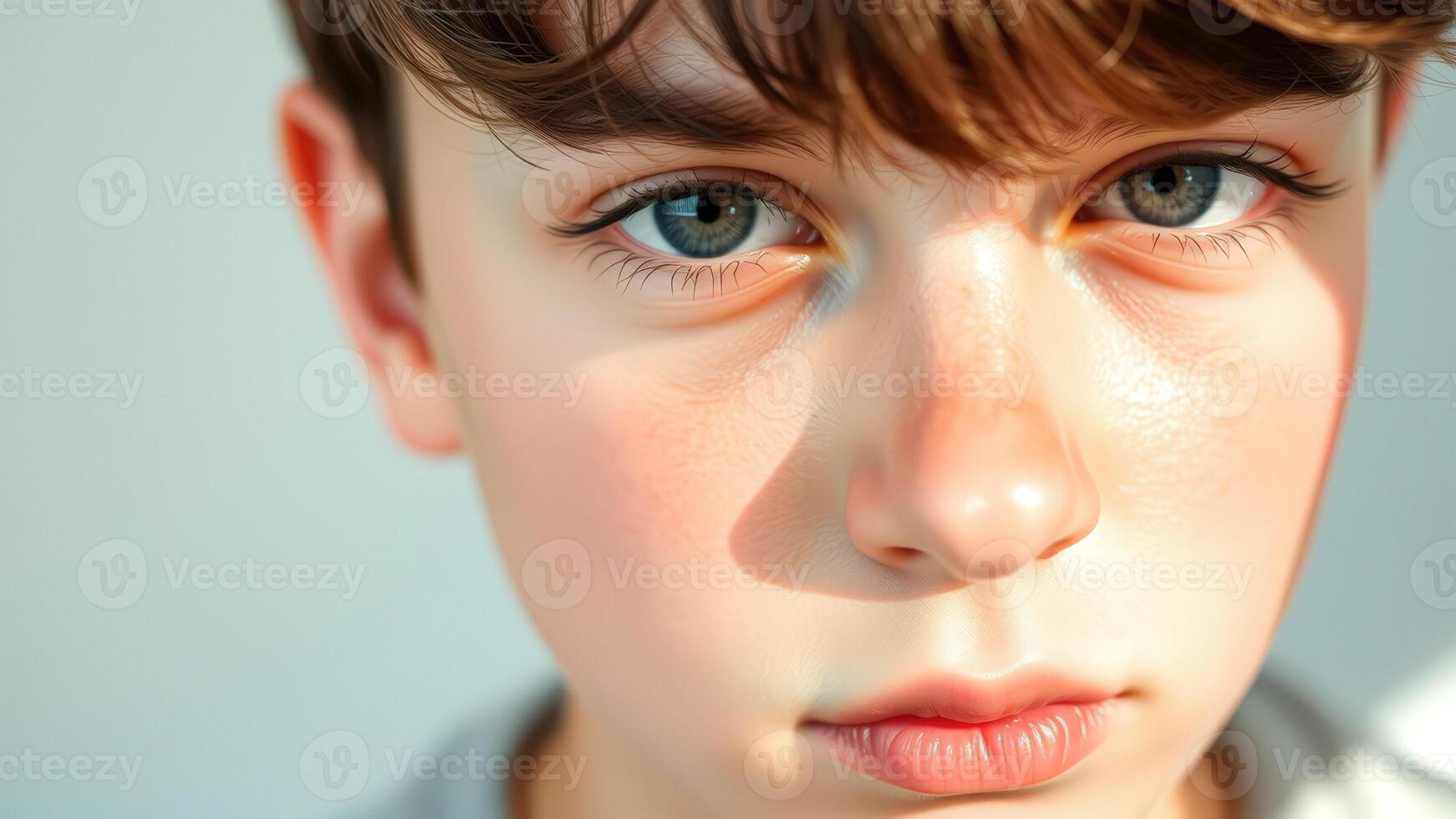 Closeup portrait of a young man's face, with emphasis on his eyes and mouth photo