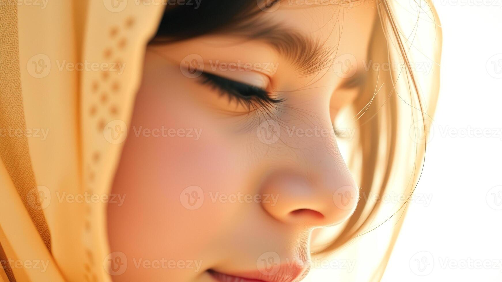 Close-up of a girl's face with a soft, golden glow photo