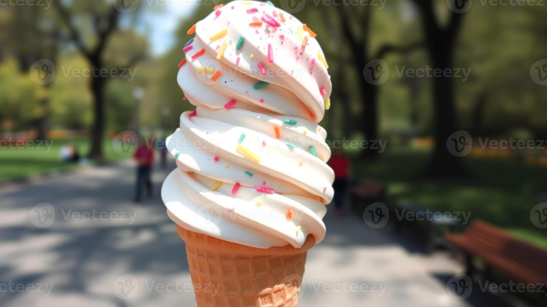 Close Up of Soft Serve Ice Cream Cone with Sprinkles in a Park photo