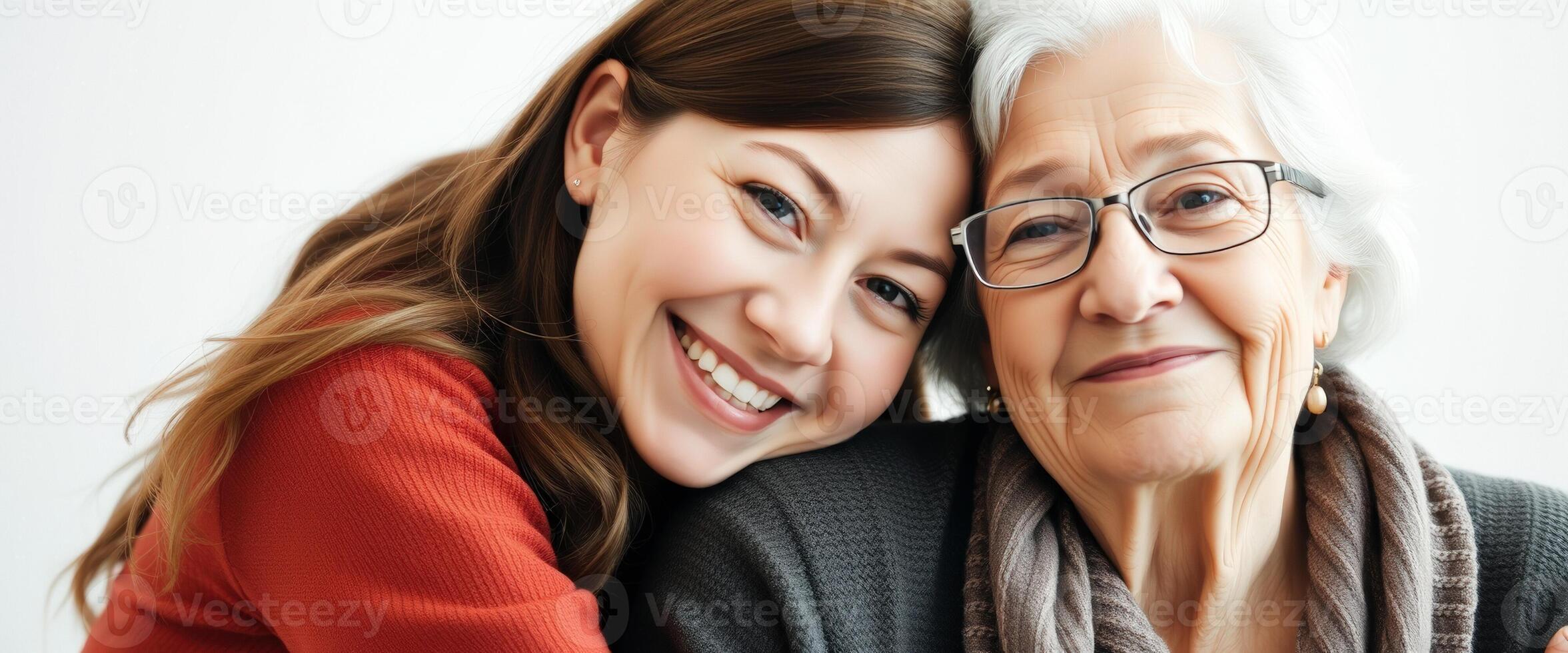 Close-up Portrait of a Young Woman and Her Grandmother, Smiling and Hugging Each Other photo