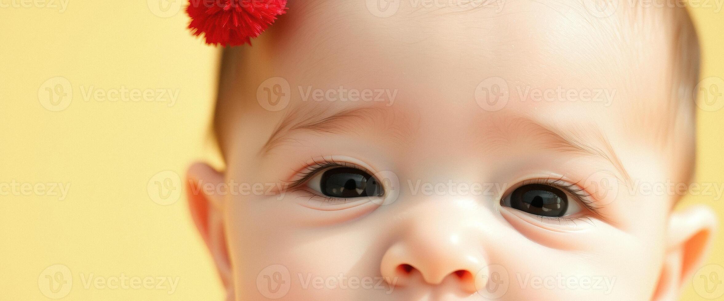 Close-up of a Baby's Face with a Red Flower in Hair photo