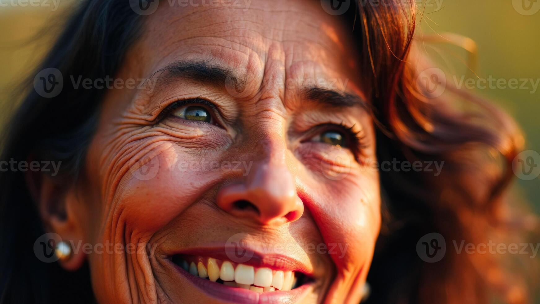Close-up portrait of a smiling woman with brown hair, wrinkles, and bright eyes photo
