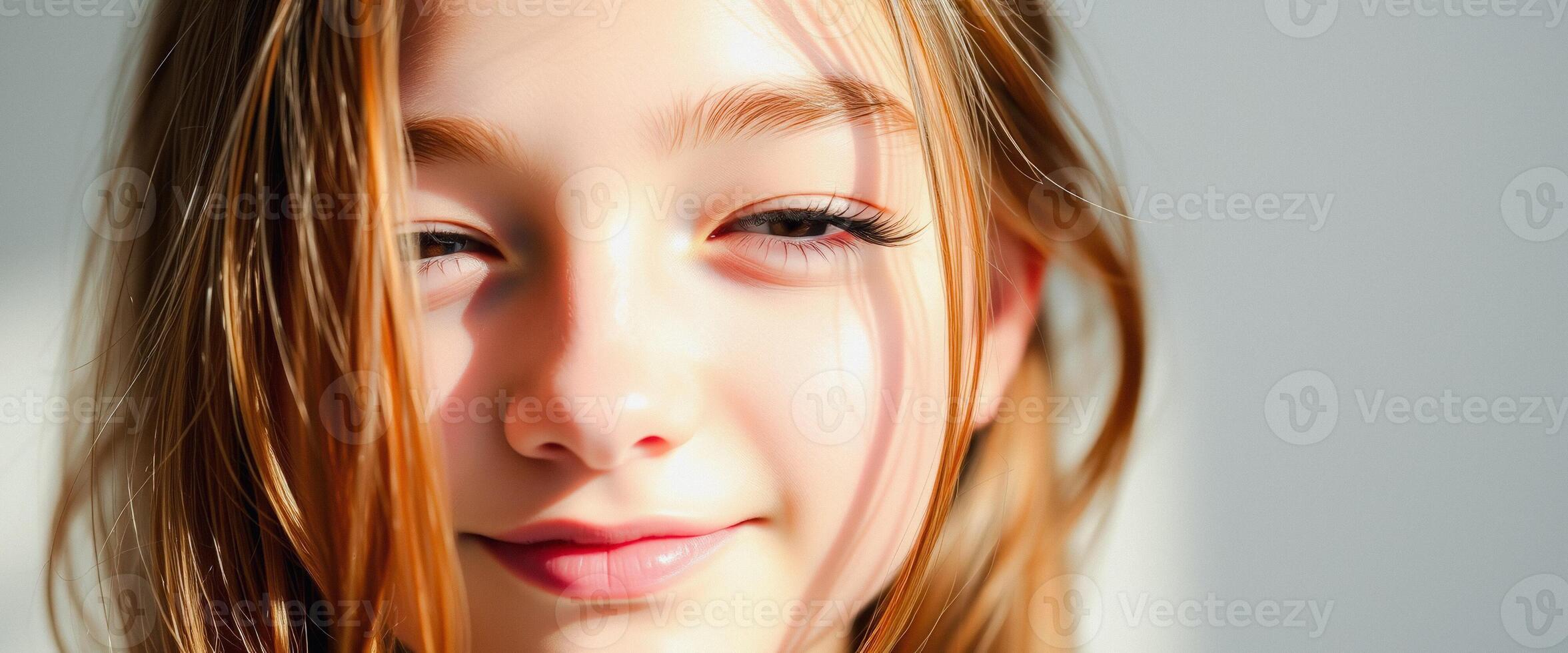 Close-up Portrait of a Young Woman with Long Brown Hair, Looking at the Camera with a Soft Smile photo