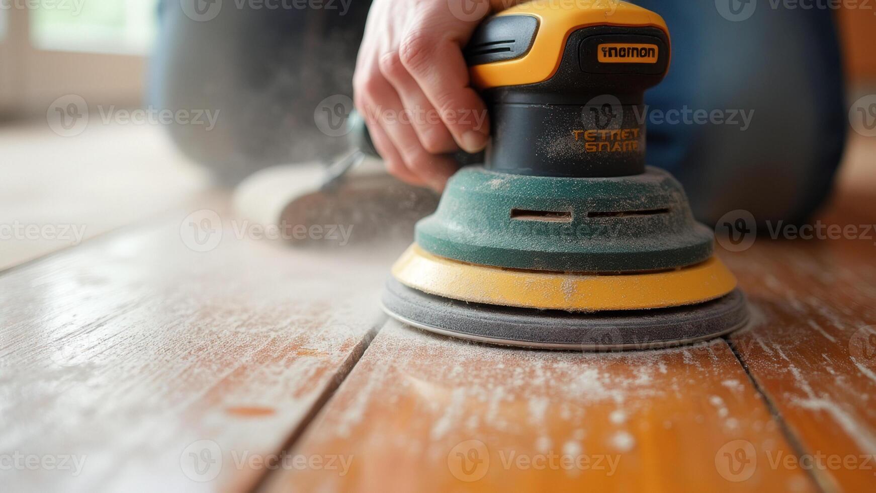 Closeup of a Hand Holding an Electric Sander and Dust photo