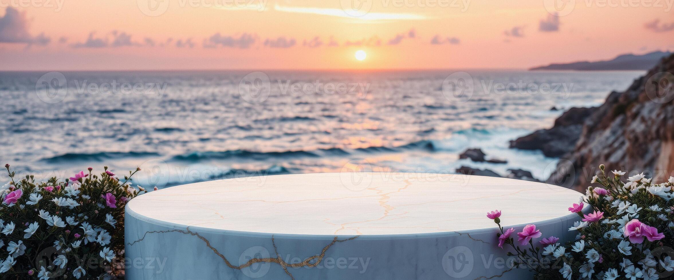 Marble Podium with Ocean Sunset Background photo