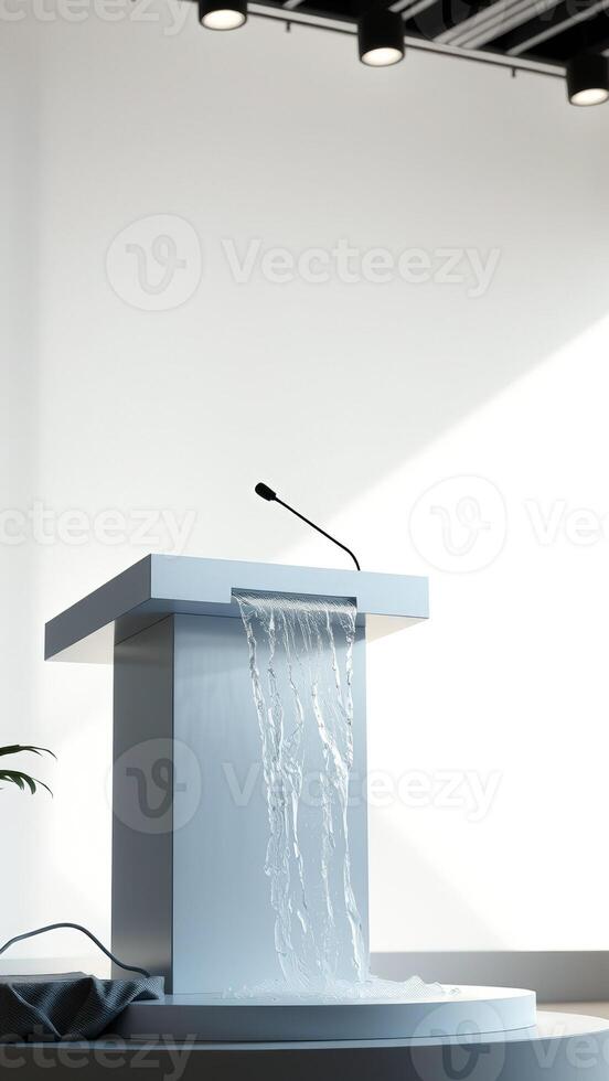 White Podium with Water Feature and Microphone photo