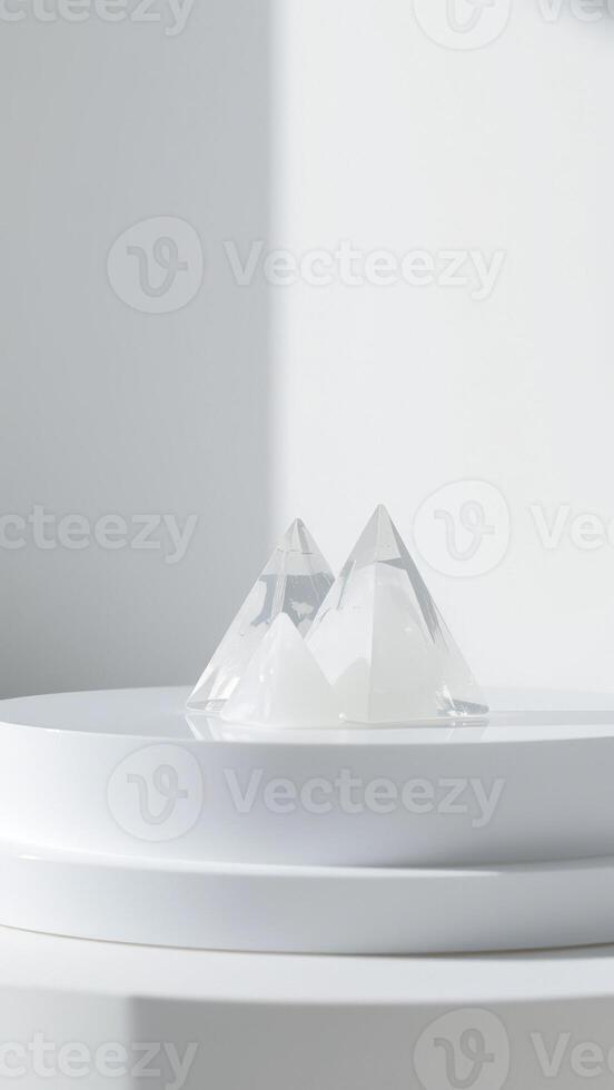 Minimalist White Background with Crystal Pyramids photo