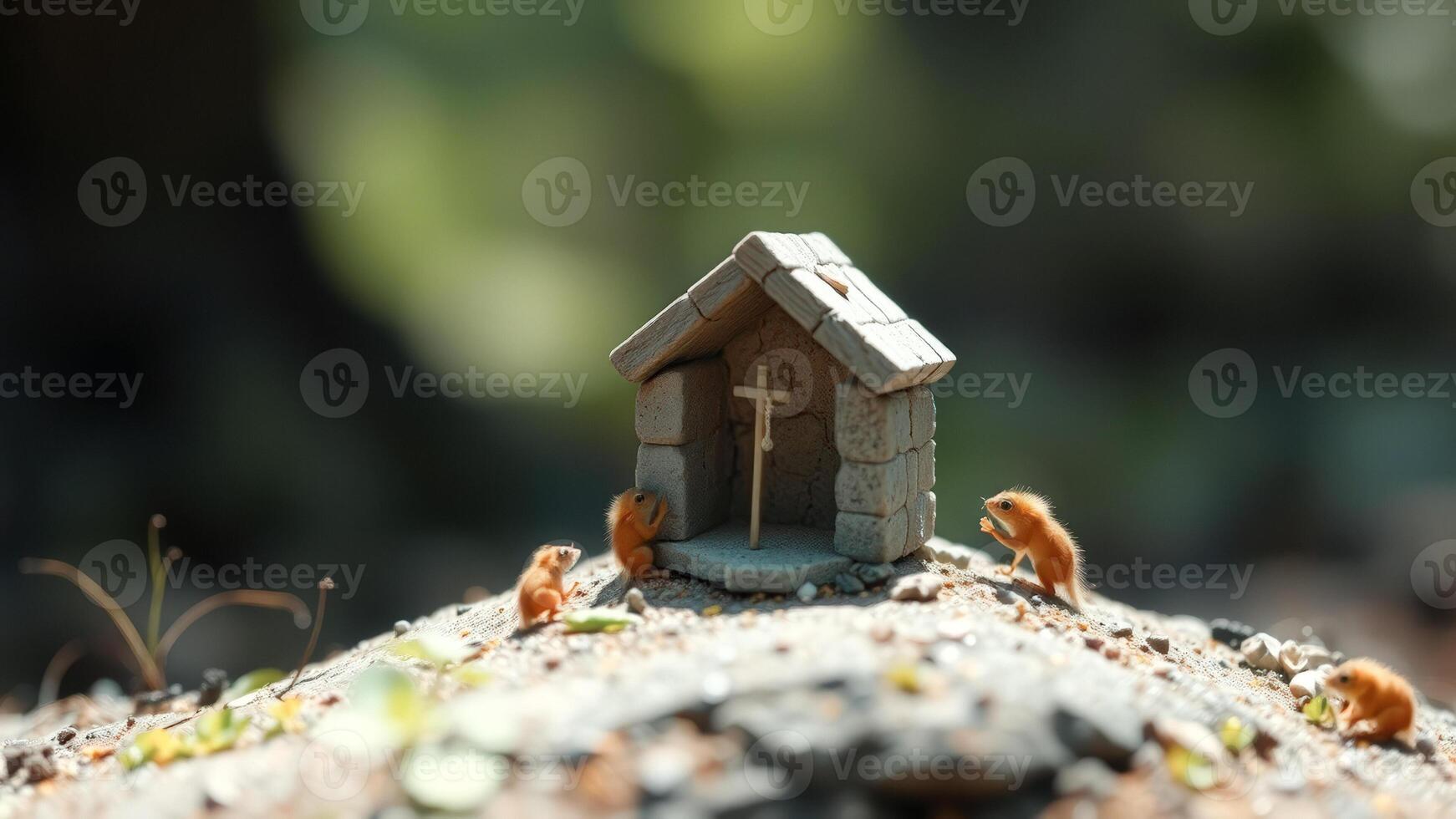 Small Animals Praying at a Miniature Stone Chapel photo