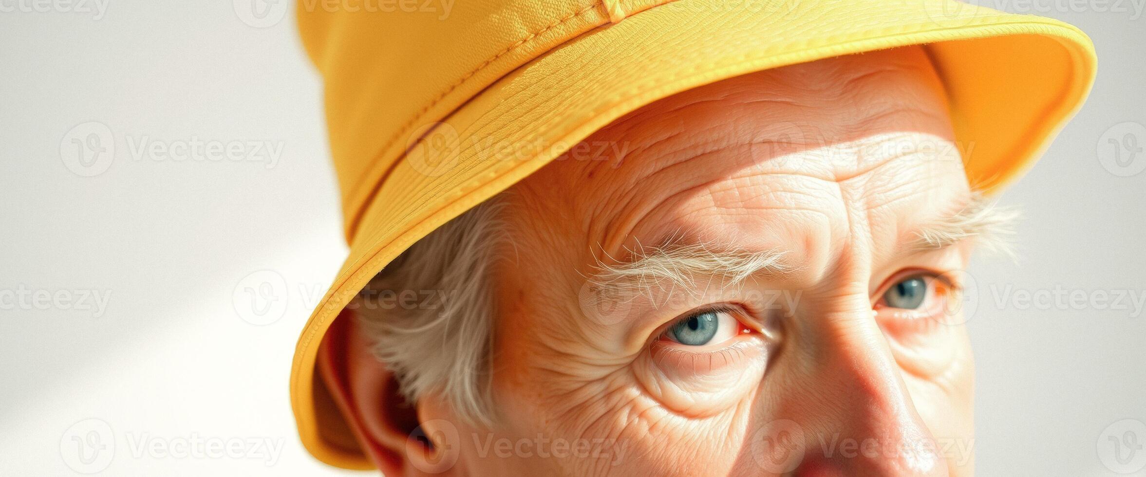 Close Up of an Elderly Man's Eye with a Yellow Hat photo