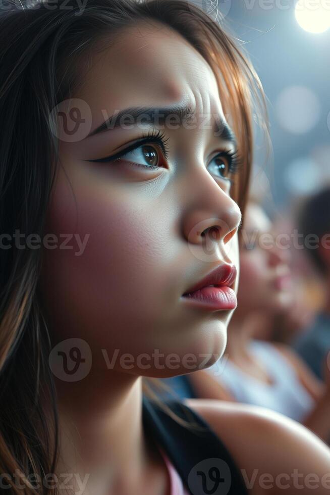 Close-up of a Young Woman's Face, Looking Up with Thoughtful Expression photo