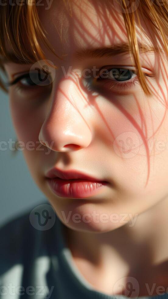 Close-up portrait of a young woman with red hair and blue eyes photo