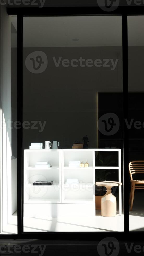 Minimalist interior design with white shelves and wooden stool photo