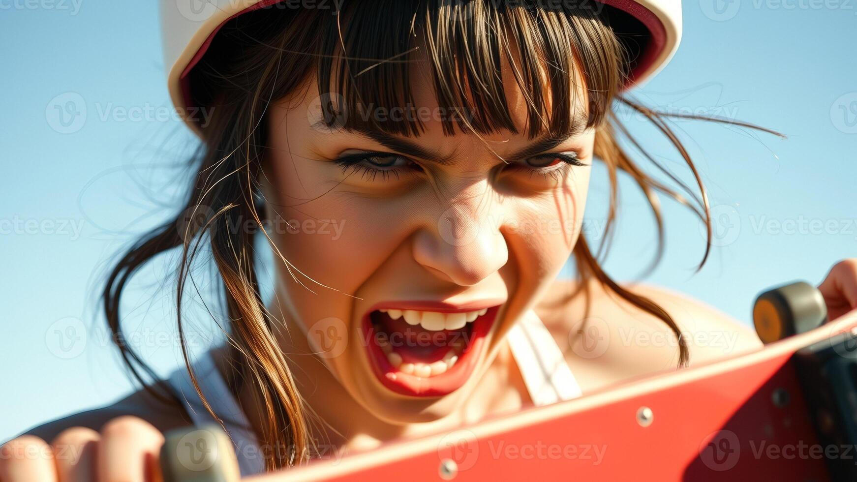 Portrait of a girl in a helmet, screaming while holding a skateboard photo