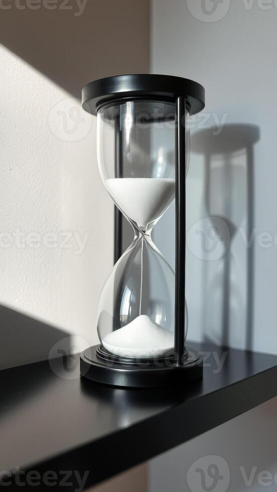 Black Hourglass on a Shelf with White Sand photo