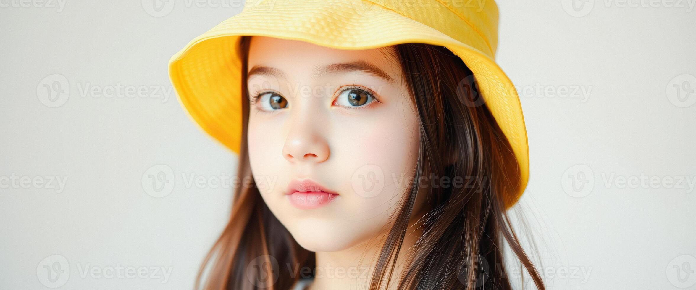 Young Girl with Yellow Hat and Brown Hair photo