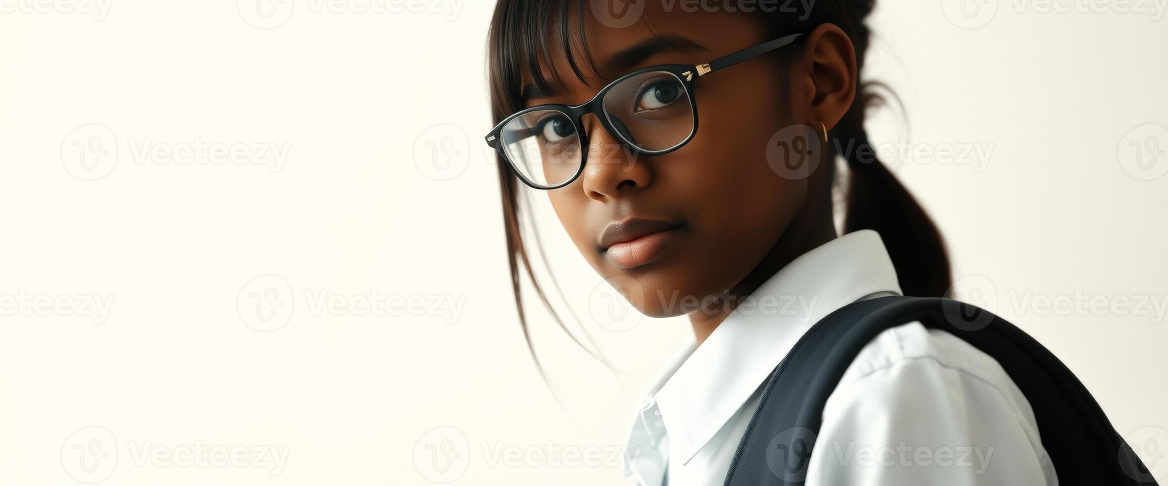 Portrait of a Young Girl with Glasses and a Backpack photo