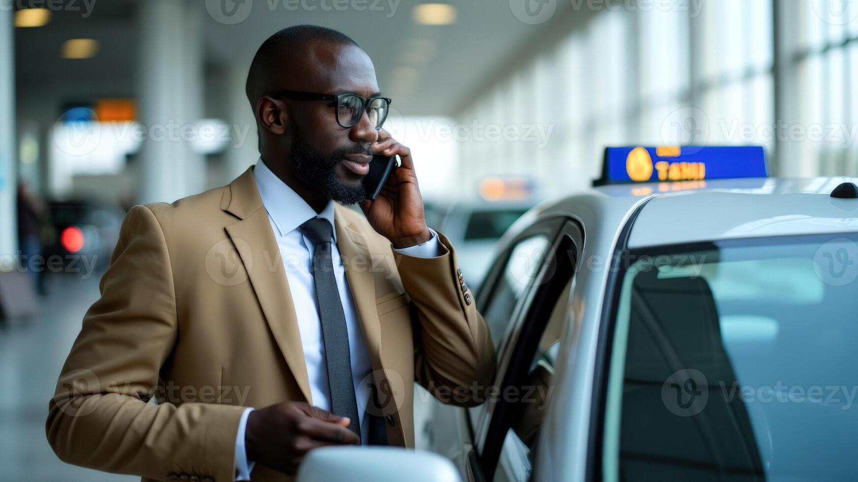 Businessman on the phone getting into a taxi photo