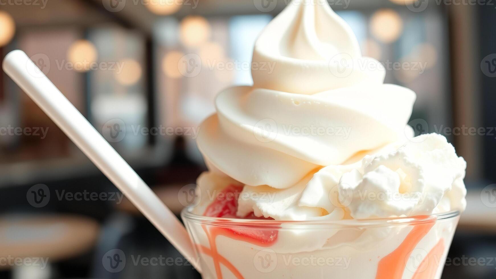 Closeup of a Whipped Cream Dessert with a Spoon photo