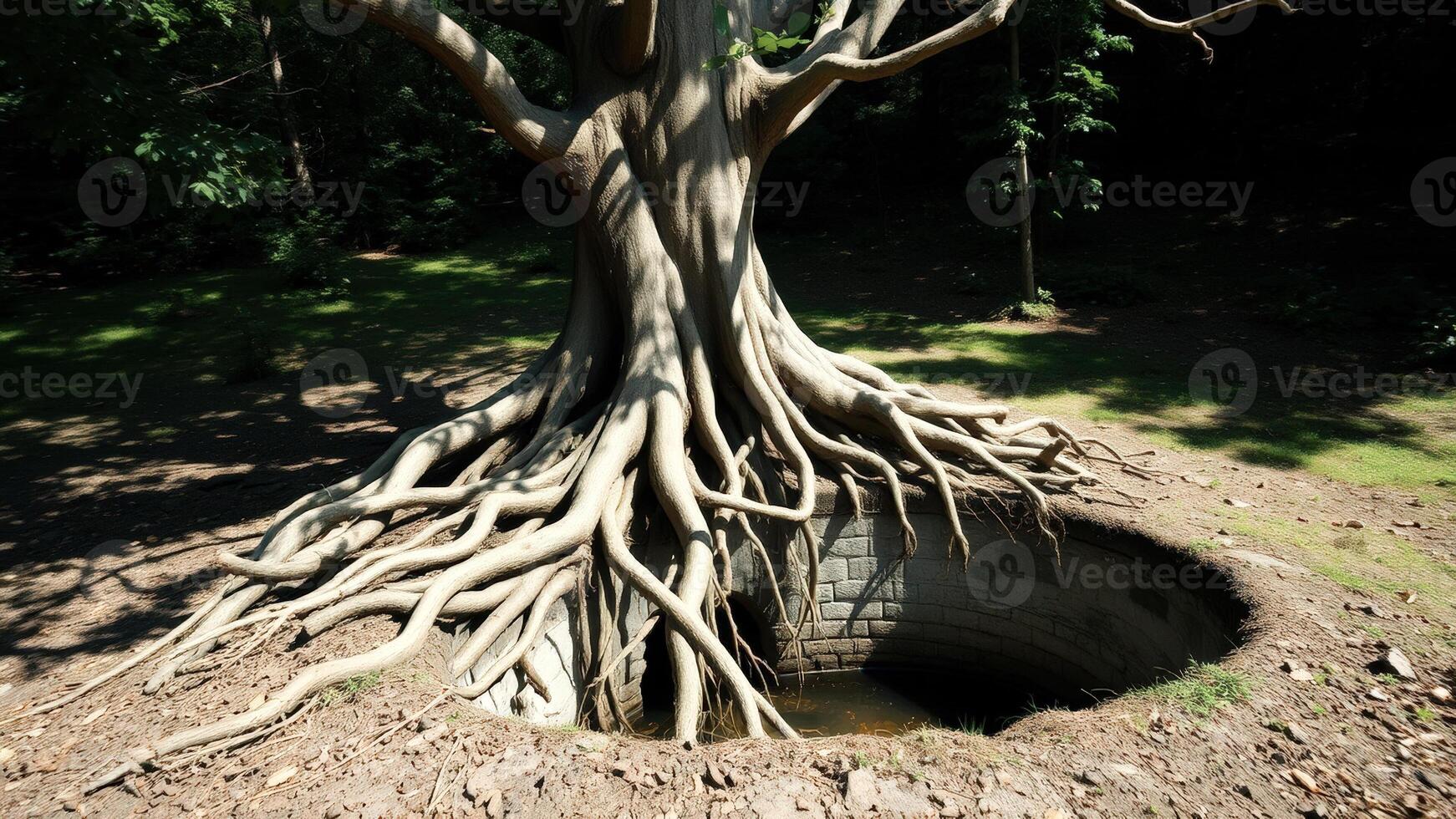 Tree roots growing over a stone well photo