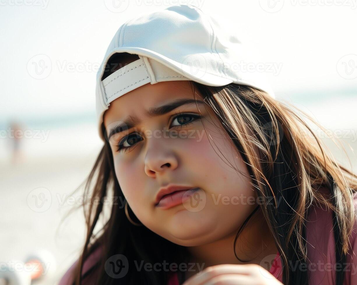 Closeup portrait of a young girl with a white cap photo