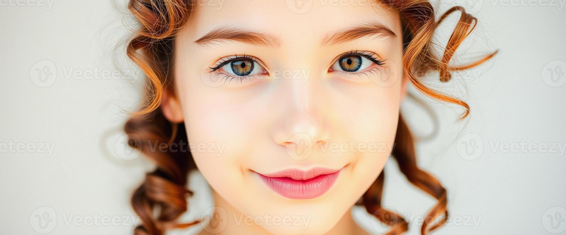 Close-up portrait of a young girl with red hair and blue eyes photo