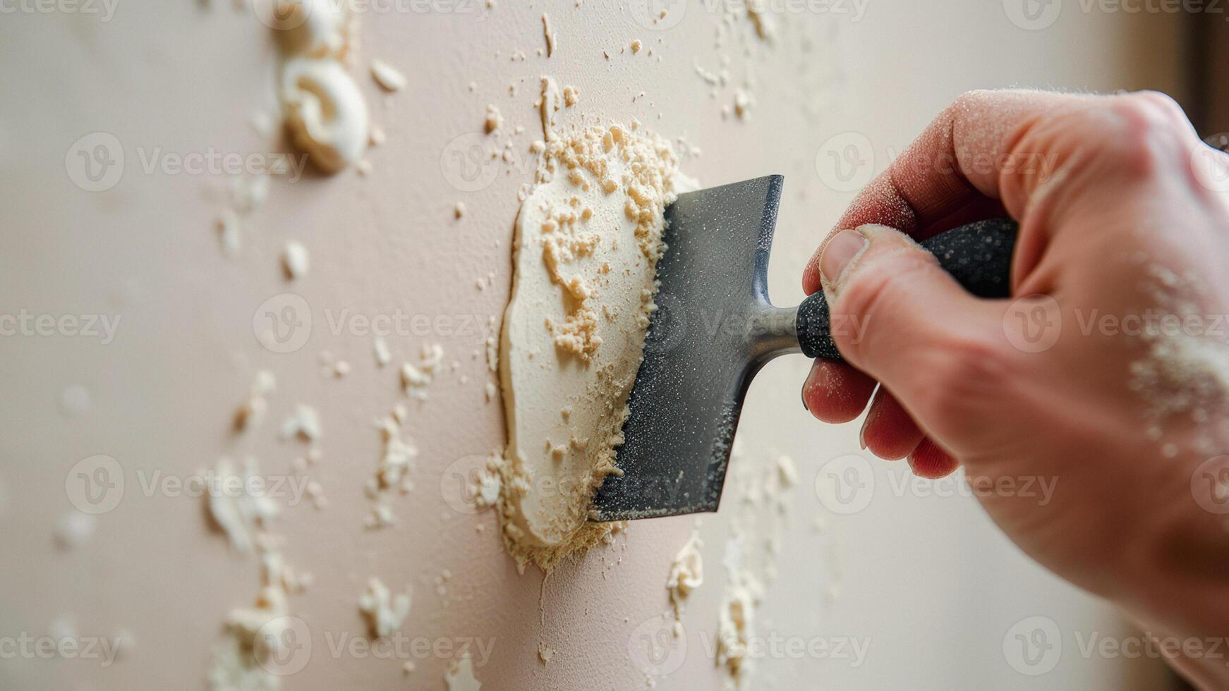 Close up of a hand scraping off old paint from a wall photo