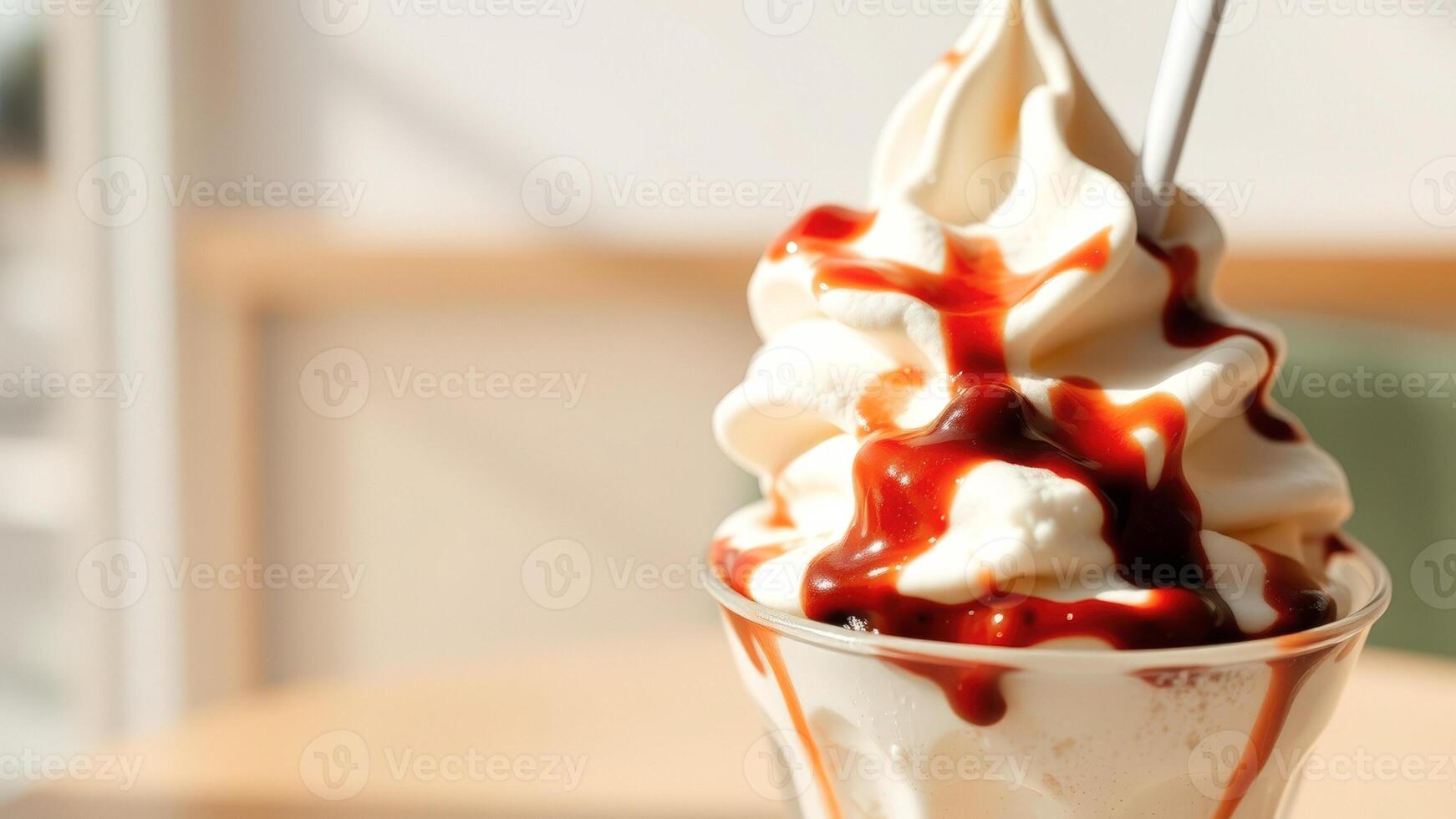 Close-up of Soft Serve Ice Cream with Caramel Drizzle photo