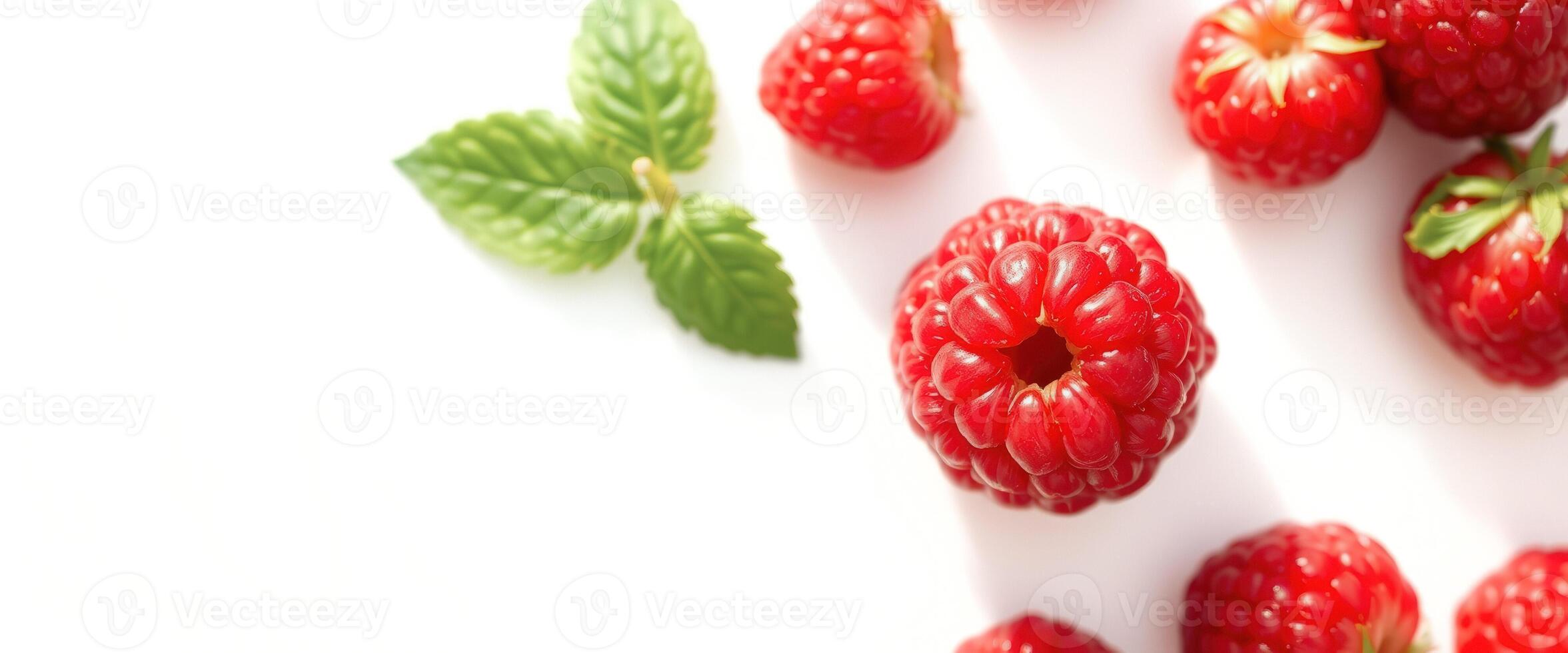 Closeup of Fresh Raspberries with Green Leaf on White Background photo