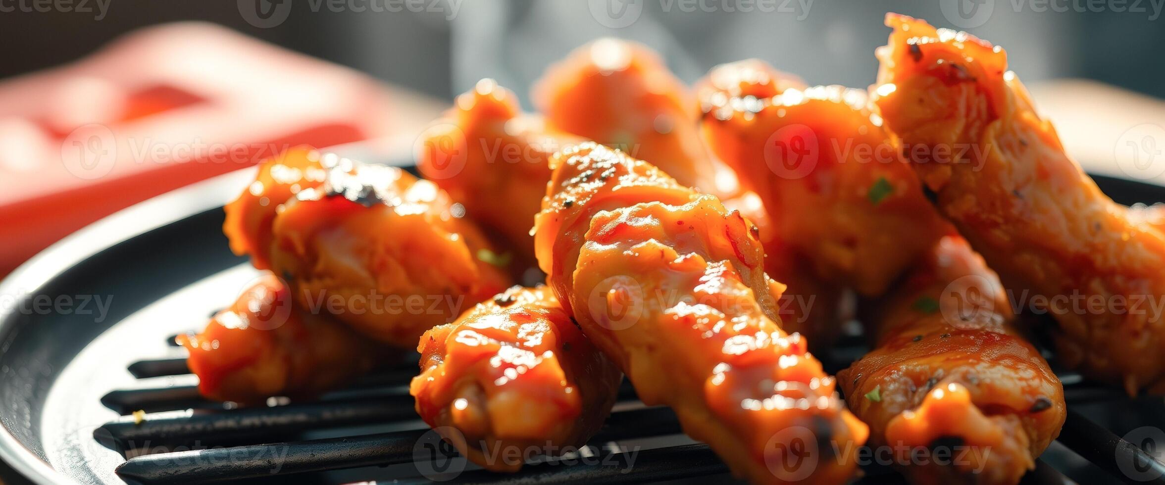 Close-up of Delicious, Sticky BBQ Chicken Wings on a Grill photo