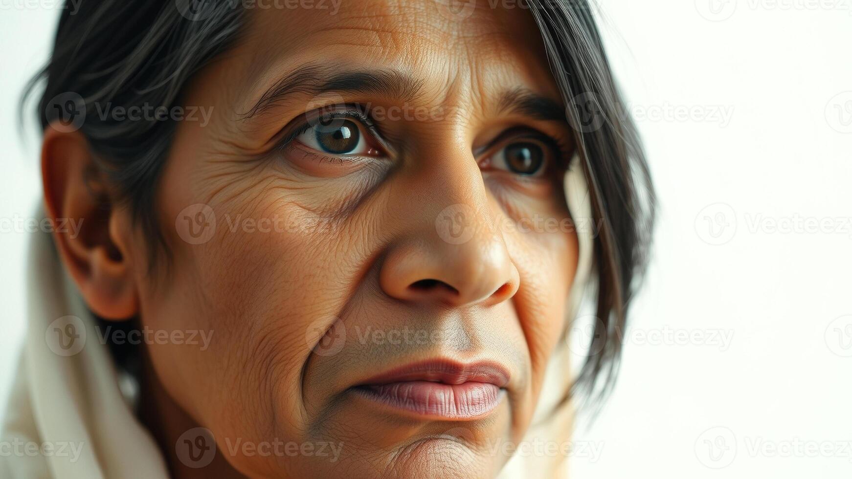 Close-up of a woman's face, showing wrinkles and lines photo