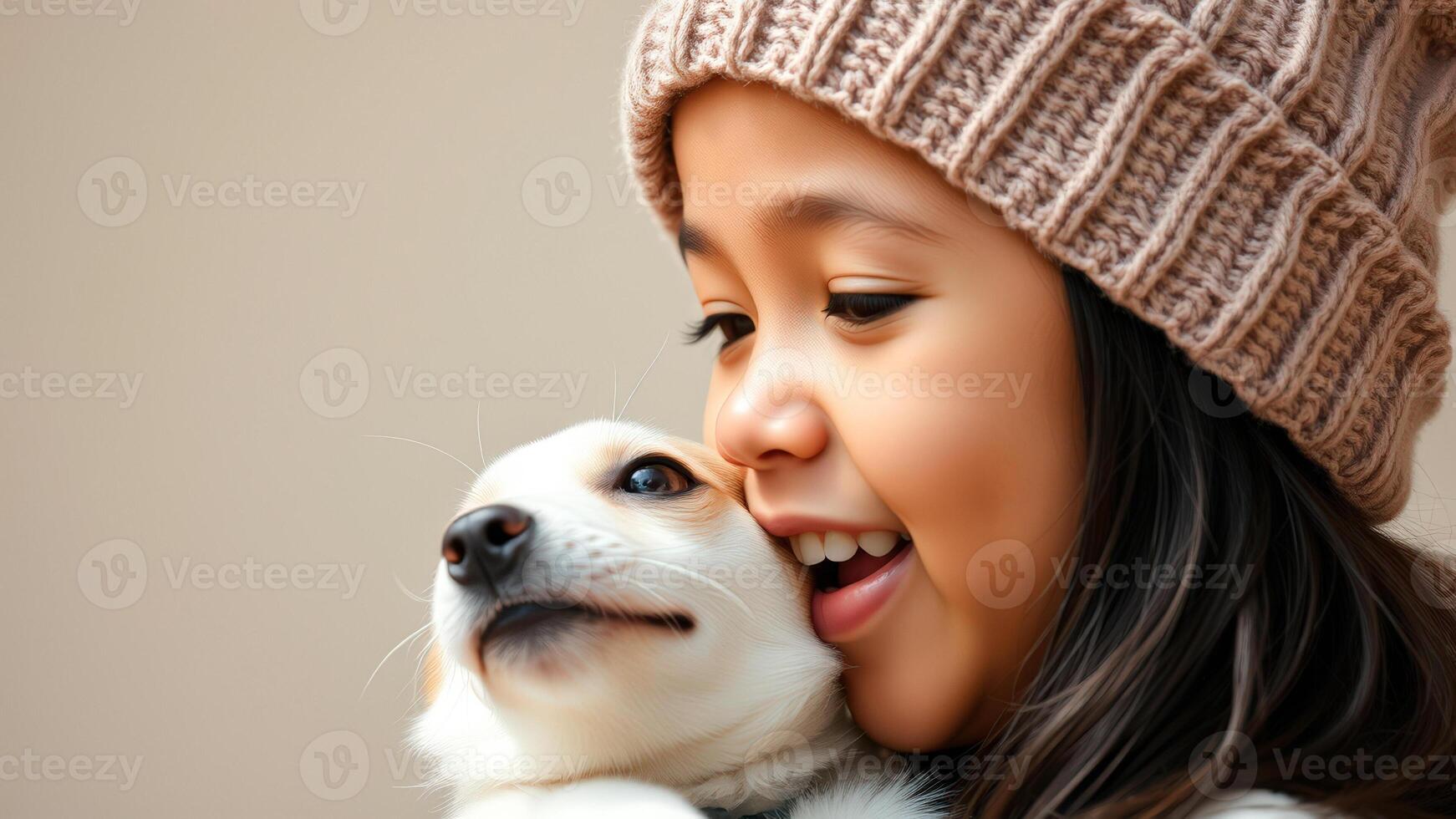 Little girl smiling while holding a puppy photo