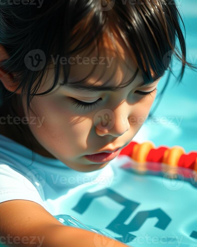 Close-up of a young girl in a swimming pool photo